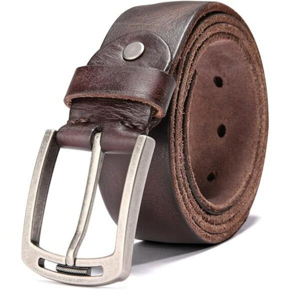 Mens Italian Leather Belt Brown Adjustable Waist Casual Dress Work Buckle - Picture 7 of 7